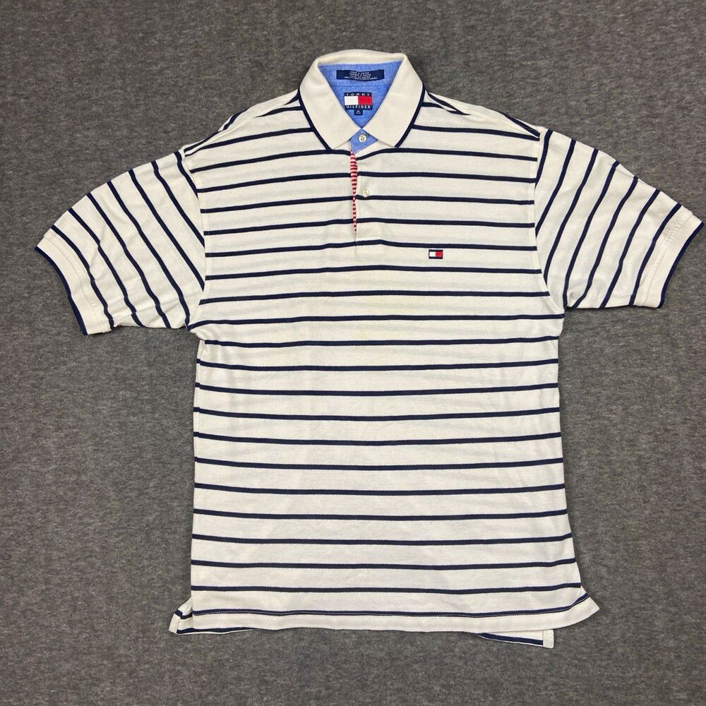 Vintage Tommy Hilfiger Polo Shirt Mens M White Navy Striped Short Sleeve 90s